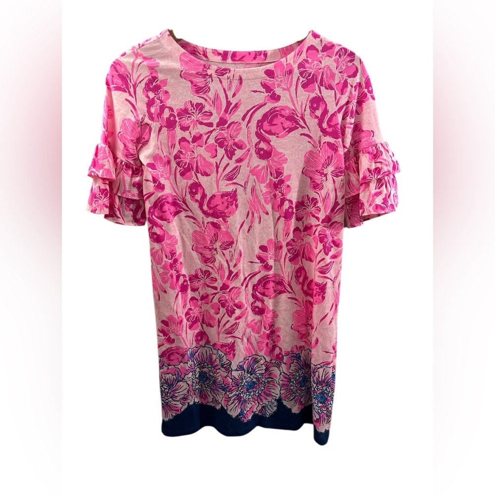 Lilly Pulitzer Girl XL 12-14 Dress Pink Floral Flamingo Ruffle Summer Preppy